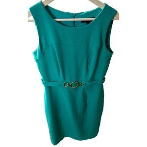 Chetta B Green / Turquoise sleeveless dress with waist belt gold center piece